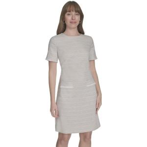 Tommy Hilfiger Women’s Pleated Trim Short Sleeve High Neck Shift Mini Dress(Khaki/Ivory)