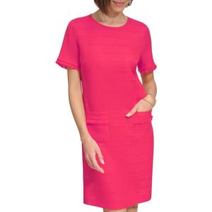 Tommy Hilfiger Women’s Pleated Trim Short Sleeve High Neck Shift Mini Dress(Magenta)