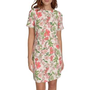Tommy Hilfiger Women’s Pleated Trim Short Sleeve High Neck Shift Mini Dress(Sherbet Multi)