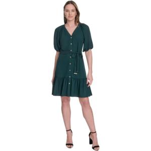 Tommy Hilfiger Women’s Puff Sleeve 3/4 Length Sleeve Self Tie Fit and Flare Dress(Cypress)