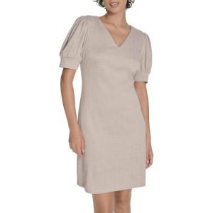 Tommy Hilfiger Women’s Short Puff Sleeve V-Neck Shift Mini Dress, Light Beige/Ivory, 10
