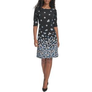 Tommy Hilfiger Women’s Short Ruched Sleeve Boat Neck Shift Mini Dress(Black/Breeze)