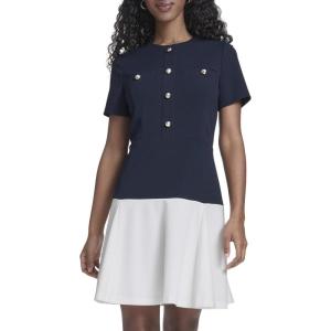 Tommy Hilfiger Women’s Short Sleeve Button Front Sparkle Boucle Knit Fit and Flare Mini Dress, Sky Captain, 10