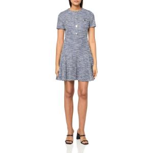 Tommy Hilfiger Women’s Short Sleeve Button Front Sparkle Boucle Knit Fit and Flare Mini Dress(Sky Captain/Cream)
