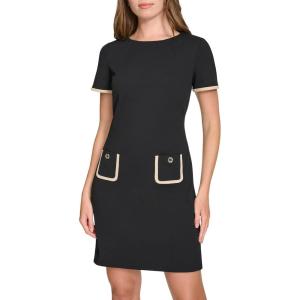 Tommy Hilfiger Women’s Short Sleeve Jewel Neck Contrast Piping Mini Shift Dress(Black/Chino)