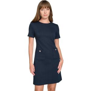 Tommy Hilfiger Women’s Short Sleeve Jewel Neck Novelty Button Mini Shift Dress(Sky Captain)