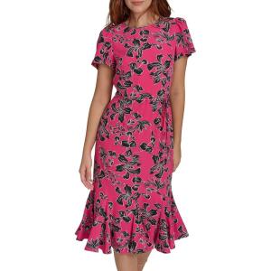Tommy Hilfiger Women’s Short Sleeve Pleated Hem Rope Belt Midi Dress(Hot Pink Multi)