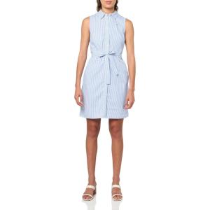 Tommy Hilfiger Women’s Sleeveless Collared Button Front Tie Waist Mini Shirt Dress(Bright White/French Blue)
