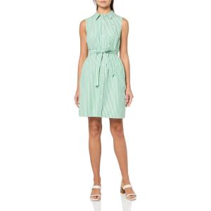 Tommy Hilfiger Women’s Sleeveless Collared Button Front Tie Waist Mini Shirt Dress(Fern Green/Bright White)