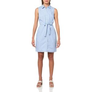 Tommy Hilfiger Women’s Sleeveless Collared Button Front Tie Waist Mini Shirt Dress(French Blue/Bright White)