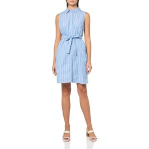 Tommy Hilfiger Women’s Sleeveless Collared Button Front Tie Waist Mini Shirt Dress(French Blue/Fern Green)
