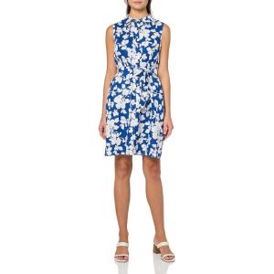 Tommy Hilfiger Women’s Sleeveless Collared Button Front Tie Waist Mini Shirt Dress(Marina Blue/Bright White Combo)