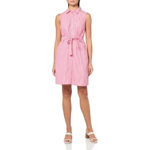 Tommy Hilfiger Women’s Sleeveless Collared Button Front Tie Waist Mini Shirt Dress(Pink/Bright White)
