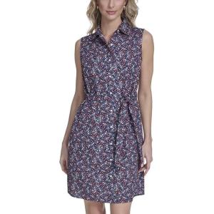 Tommy Hilfiger Women’s Sleeveless Collared Button Front Tie Waist Mini Shirt Dress(Sky Captain Multi)