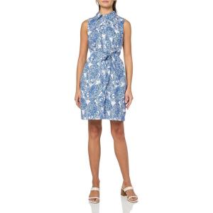 Tommy Hilfiger Women’s Sleeveless Collared Button Front Tie Waist Mini Shirt Dress(White/French Blue)