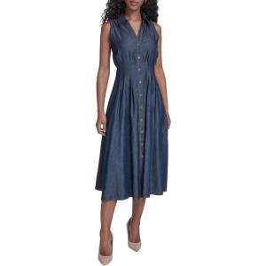 Tommy Hilfiger Women’s Sleeveless Collared Neck Chambray Button Down Fit & Flare Shirt Dress(Dark Wash)