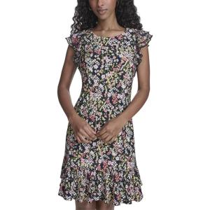 Tommy Hilfiger Women’s Sleeveless Crew Neck Double Ruffle Hem Jersey Shift Mini Dress(Sky Captain Multi)