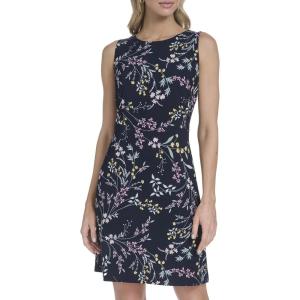 Tommy Hilfiger Women’s Sleeveless Crew Neck Floral Print Jersey Shift Dress(Sky Captain / Ballerina Pink)