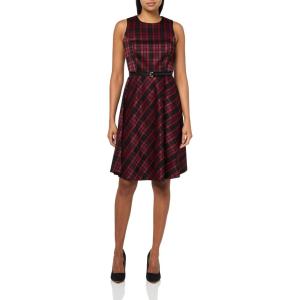 Tommy Hilfiger Women’s Sleeveless Crew Neck Pinwheel Knit Belted Fit and Flare Dress(Black/Scarlet Multi)