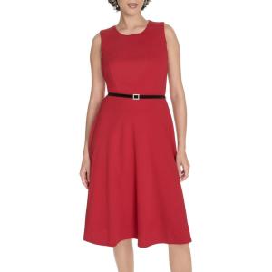 Tommy Hilfiger Women’s Sleeveless Crew Neck Pinwheel Knit Belted Fit and Flare Dress(Deep Scarlet)