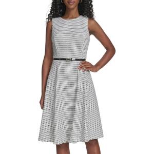 Tommy Hilfiger Women’s Sleeveless Crew Neck Pinwheel Knit Belted Fit and Flare Dress(Ivory/Black)
