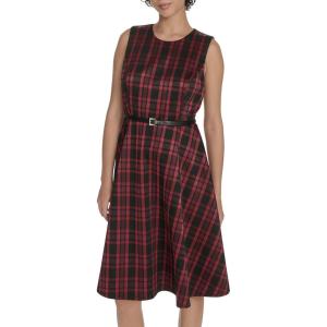 Tommy Hilfiger Women’s Sleeveless Crew Neck Pinwheel Knit Belted Fit and Flare Dress(Scarlet Multi)