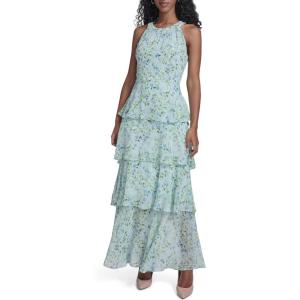Tommy Hilfiger Women’s Sleeveless Floral Halter Neck Tiered Skirt Maxi Dress(Harbor Gray Multi)