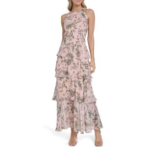 Tommy Hilfiger Women’s Sleeveless Floral Halter Neck Tiered Skirt Maxi Dress(Powder Multi)