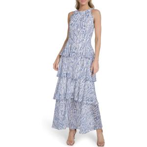 Tommy Hilfiger Women’s Sleeveless Floral Halter Neck Tiered Skirt Maxi Dress(Provence Blue Combo)