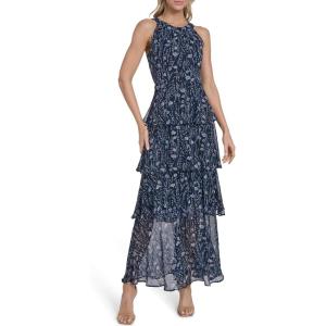 Tommy Hilfiger Women’s Sleeveless Floral Halter Neck Tiered Skirt Maxi Dress(Sky Captain Combo)