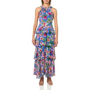Tommy Hilfiger Womens Sleeveless Halter Neck Tiered Skirt Maxi Dress(Deep Ultramarine Multi)