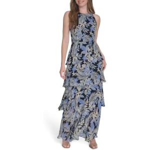 Tommy Hilfiger Womens Sleeveless Halter Neck Tiered Skirt Maxi Dress(French Blue Multi)