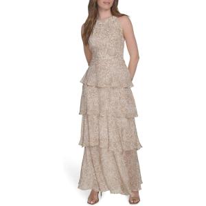 Tommy Hilfiger Womens Sleeveless Halter Neck Tiered Skirt Maxi Dress(Khaki Multi)