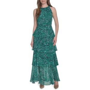 Tommy Hilfiger Womens Sleeveless Halter Neck Tiered Skirt Maxi Dress(Parakeet Multi)