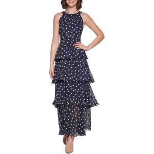 Tommy Hilfiger Womens Sleeveless Halter Neck Tiered Skirt Maxi Dress(Sky Captain/Ivory)