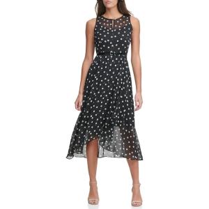 Tommy Hilfiger Women’s Sleeveless Keyhole Neck Chiffon Belted Hi-lo Midi Dress(Black/Ivory 2)