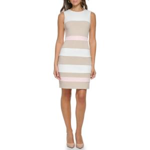 Tommy Hilfiger Women’s Sleeveless Striped Scuba Crepe Sheath Mini Dress(Ivory Khaki/Ballerina Pink)