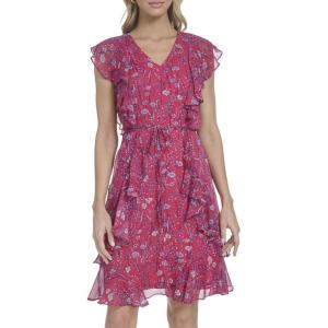 Tommy Hilfiger Women’s Sleeveless V-Neck Ruffle Trim Tie Waist Chiffon Mini Dress(Azalea Multi)