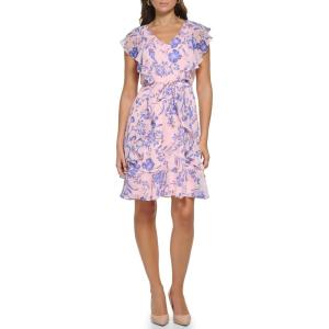 Tommy Hilfiger Women’s Sleeveless V-Neck Ruffle Trim Tie Waist Chiffon Mini Dress(Ballerina Pink Combo)