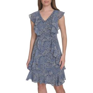 Tommy Hilfiger Women’s Sleeveless V-Neck Ruffle Trim Tie Waist Chiffon Mini Dress(French Blue Combo)