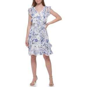 Tommy Hilfiger Women’s Sleeveless V-Neck Ruffle Trim Tie Waist Chiffon Mini Dress(Ivory Multi)