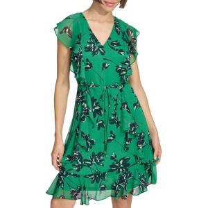 Tommy Hilfiger Women’s Sleeveless V-Neck Ruffle Trim Tie Waist Chiffon Mini Dress(Jolly Green Multi)