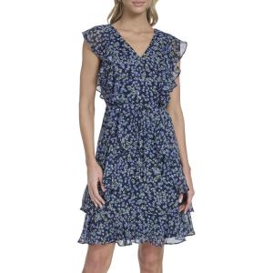 Tommy Hilfiger Women’s Sleeveless V-Neck Ruffle Trim Tie Waist Chiffon Mini Dress(Sky Captain / Khaki)