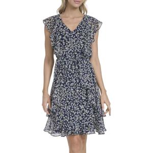 Tommy Hilfiger Women’s Sleeveless V-Neck Ruffle Trim Tie Waist Chiffon Mini Dress(Sky Captain / Provence Blue)