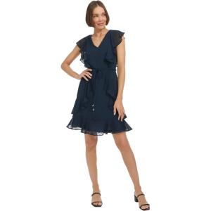 Tommy Hilfiger Women’s Sleeveless V-Neck Ruffle Trim Tie Waist Chiffon Mini Dress(Sky Captain)