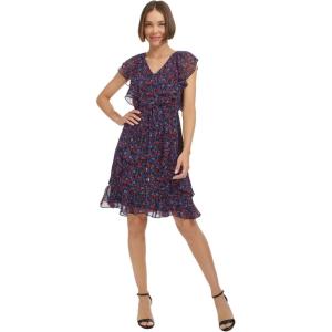 Tommy Hilfiger Women’s Sleeveless V-Neck Ruffle Trim Tie Waist Chiffon Mini Dress(Sky Captain/Guava)