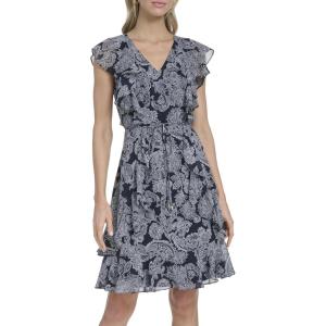 Tommy Hilfiger Women’s Sleeveless V-Neck Ruffle Trim Tie Waist Chiffon Mini Dress(Sky Captain/Ivory)