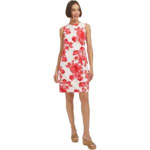 Tommy Hilfiger Women’s Sleevless Boat Neck Fold Detail Crepe Sheath Mini Dress(Guava Multi)