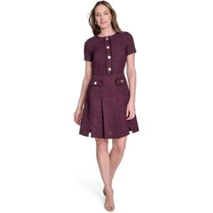 Tommy Hilfiger Women’s Soft Hand Boucle Short Sleeve Button Front A-line Dress(Aubergine)