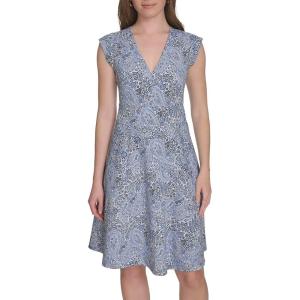 Tommy Hilfiger Women’s V Neck All Over Columbier Print Fit and Flare Dress(Ivory/ French Blue)